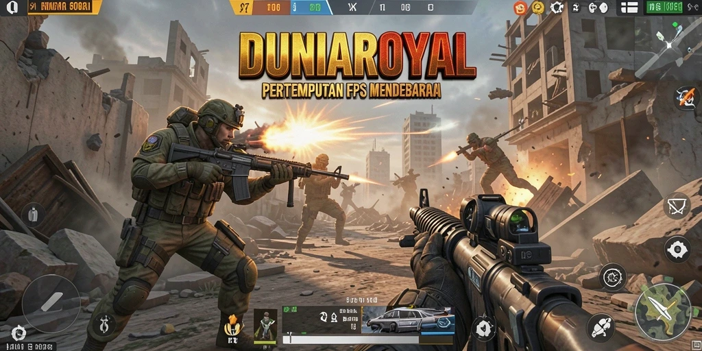 Gameplay intens dalam DUNIAROYAL yang menampilkan aksi tembak-menembak.