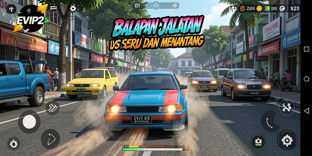 Screenshot gameplay EVIP2 menunjukkan aksi balapan mendebarkan.