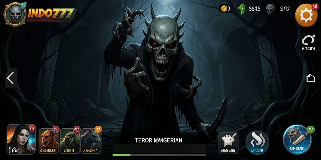 Screenshot gameplay INDO777 menampilkan suasana mencekam dan monster menakutkan.