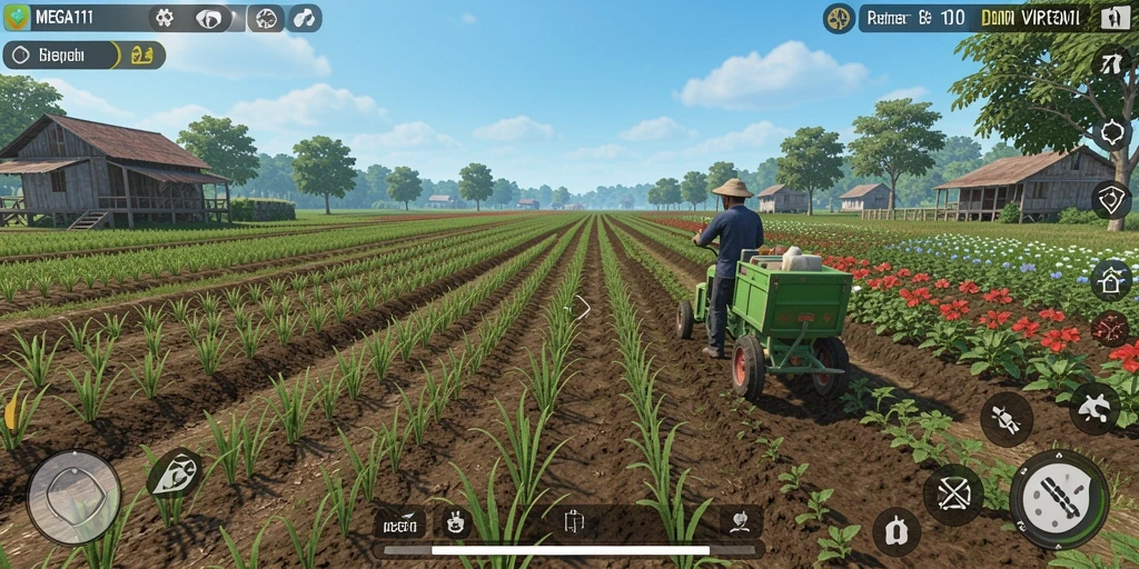 Tampilan screenshot MEGA111 menampilkan kegiatan bertani yang menyenangkan.