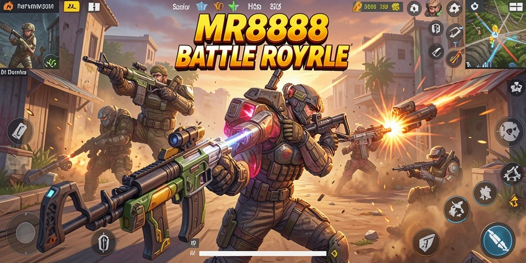 Tampilan screenshot utama MR888 menampilkan aksi pertempuran intens di medan perang Battle Royale.