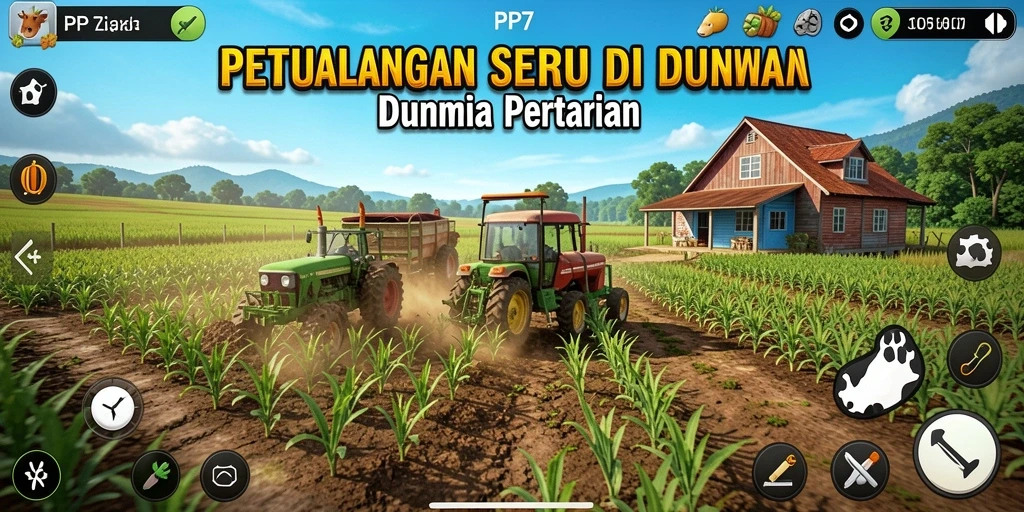 Screenshot utama PP7 memperlihatkan aktivitas bertani yang seru dan interaktif.